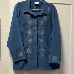 BonWorth Dusty Blue Button Down Shirt with Embroidered Floral Design Size XL